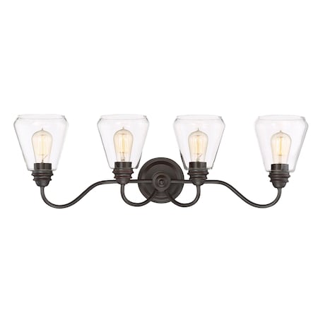 Designers Fountain Foundry 32.88in 4-Light Satin Bronze Industrial Indoor Vanity Light with Clear Glass Shades 90204-SB